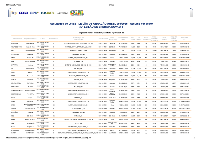 Principais vencedores do Leilão de Energia A-5e leilões da aneel